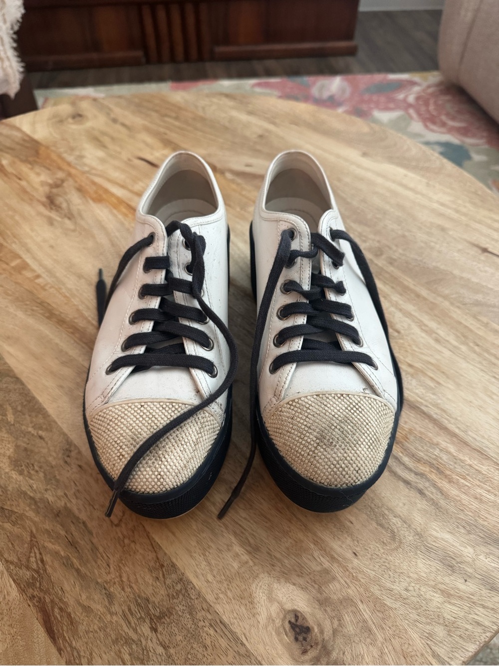 Prada White Leather Low-Top Sneakers with Black Accents
